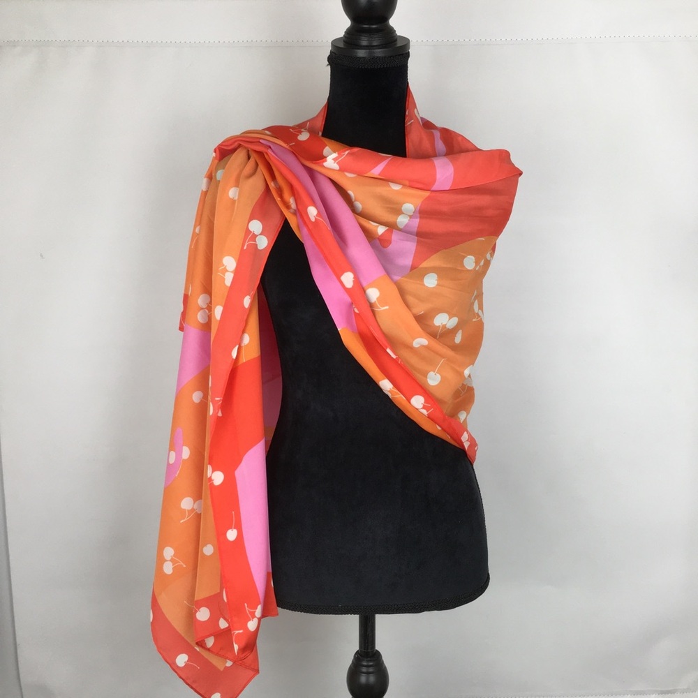 Coldwater Creek Sunset Cherries Scarf Wrap NEW Red Pink Orange Fruit White